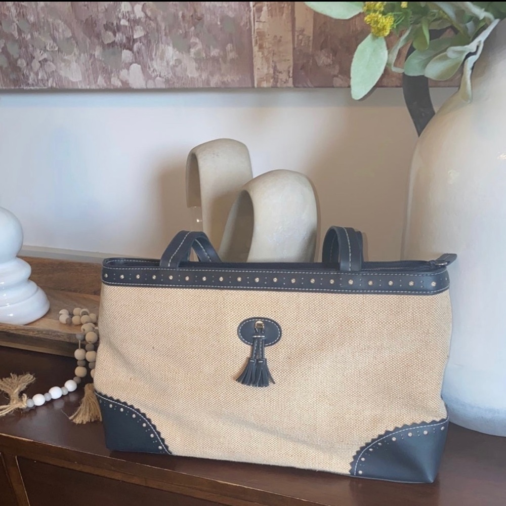 Vintage Etienne Aigner Jute Purse Cream And Blue 13.5” x 7” Vegan 🌱 trim!